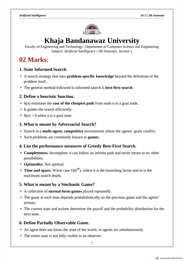 First page preview of the Artificial Intelligence 2nd IA question paper
