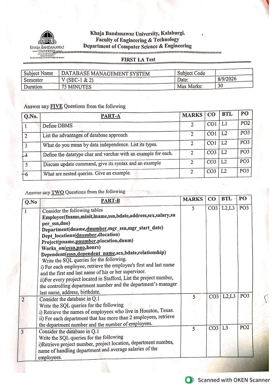 First page preview of the 1st Internal Question Paper September 2026