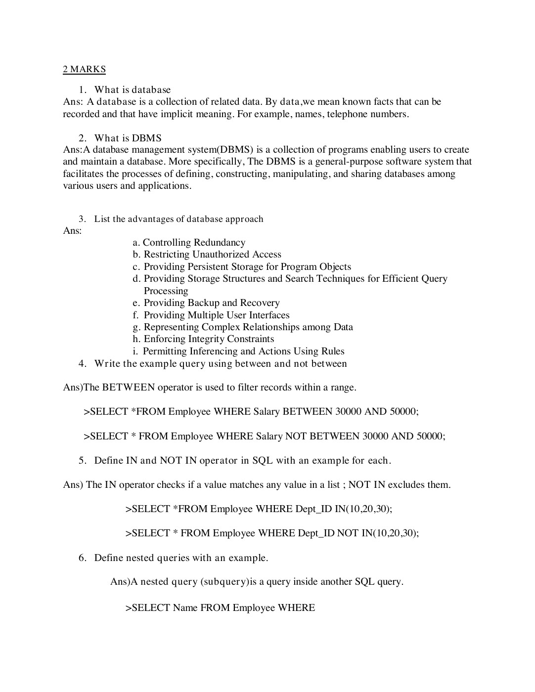 First page preview of the DBMS 1st Internal PDF