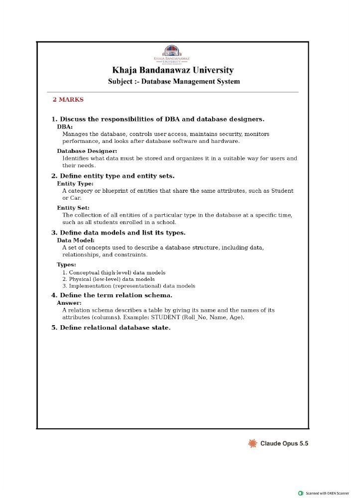First page preview of the DBMS 2nd IA question paper