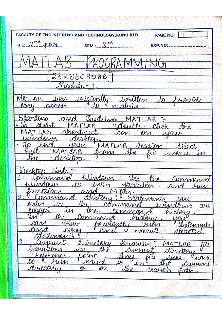 First page preview of the MATLAB Lab Record