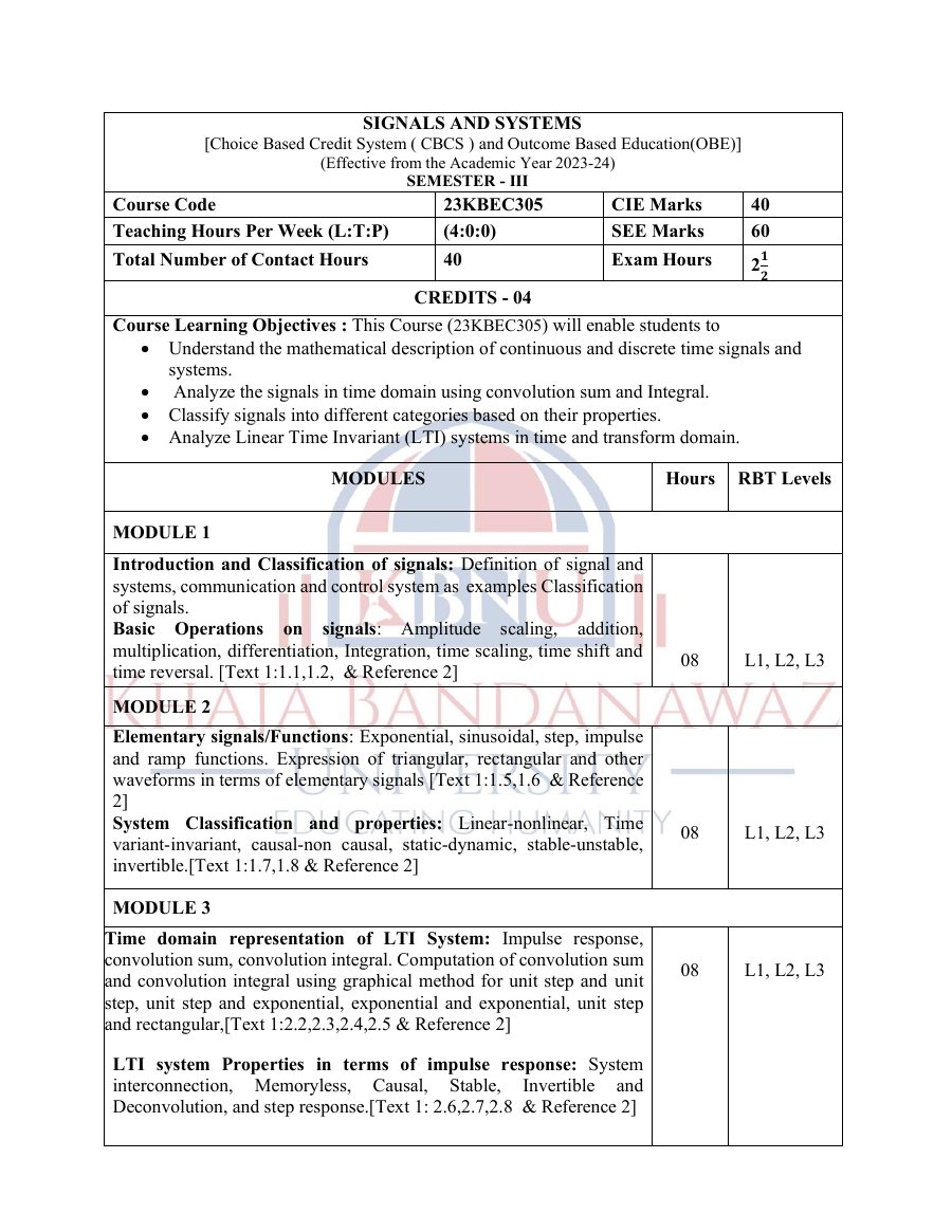 First page preview of the Signals and Systems syllabus