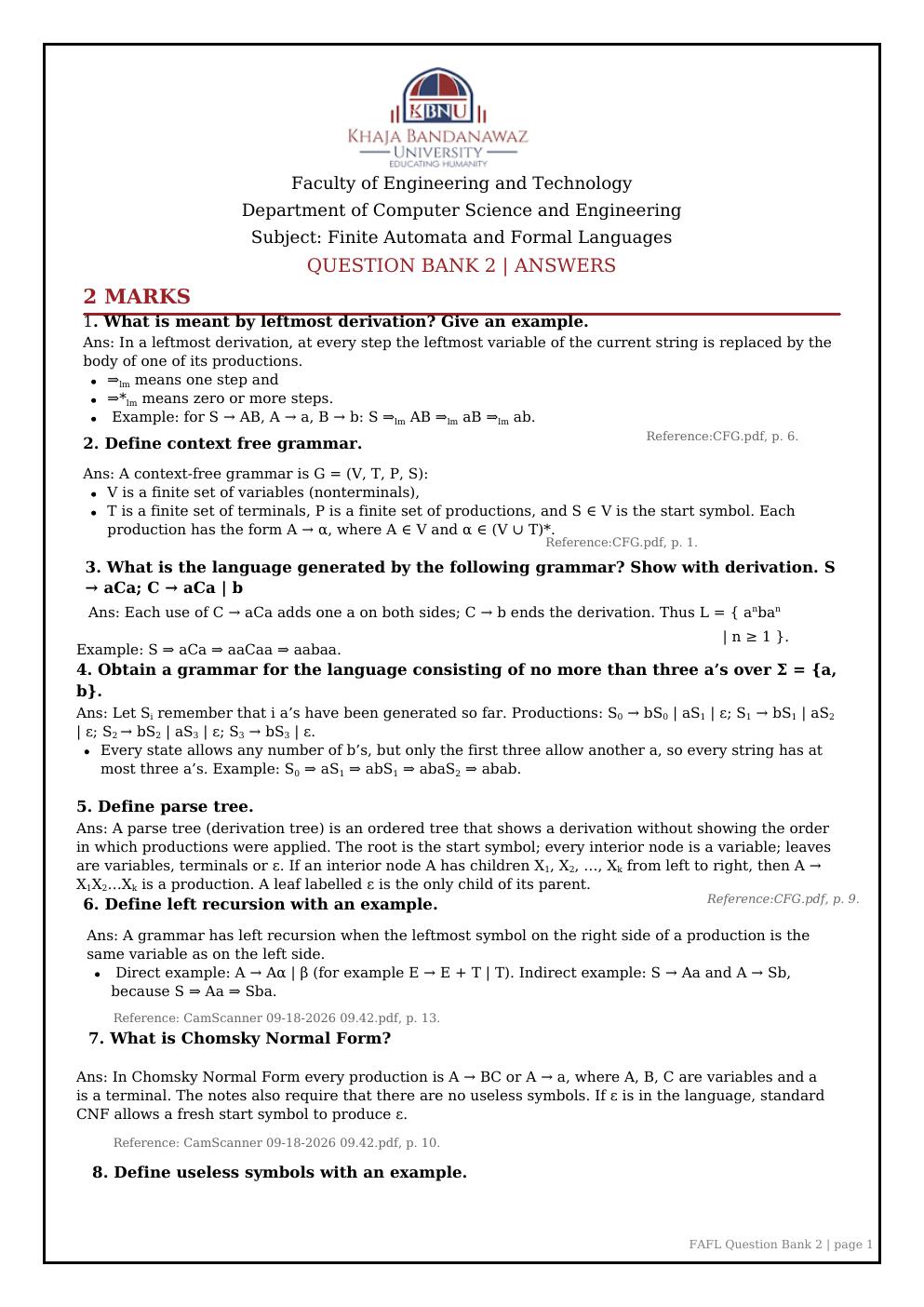 First-page preview of the FAFL 2nd IA question bank