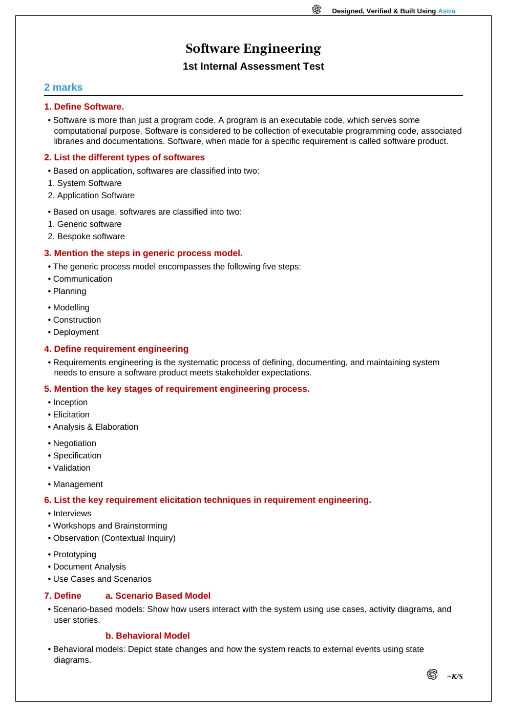 First page preview of the Software Engineering 1st Internal PDF
