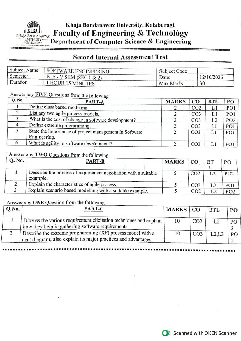First-page preview of the Semester 5 second internal Software Engineering question paper